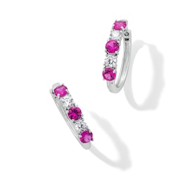 Lab-Created Ruby and 1/2 CT. T.W. Certified Lab-Created Diamond Hoop Earrings in 14K White Gold (F/SI2)