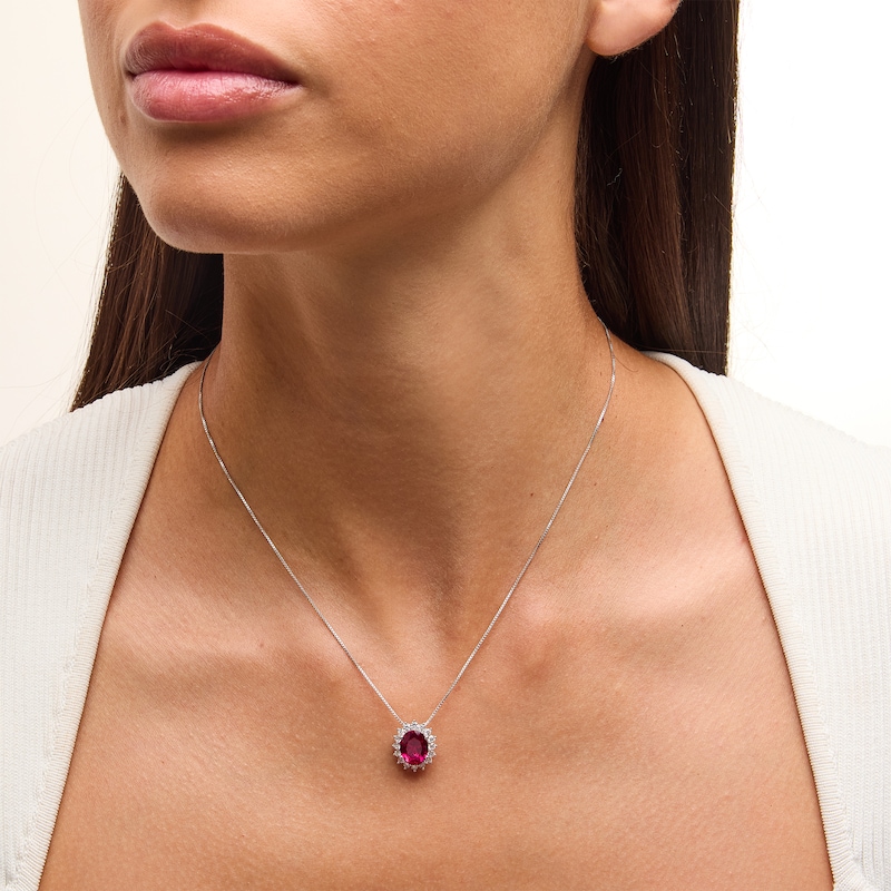 Main Image 2 of Oval Lab-Created Ruby and 1/2 CT. T.W. Certified Lab-Created Diamond Sunburst Frame Pendant in 14K White Gold (F/SI2)