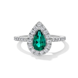 Pear-Shaped Lab-Created Emerald and 1/2 CT. T.W. Certified Lab-Created Diamond Frame Ring in 14K White Gold (F/SI2)