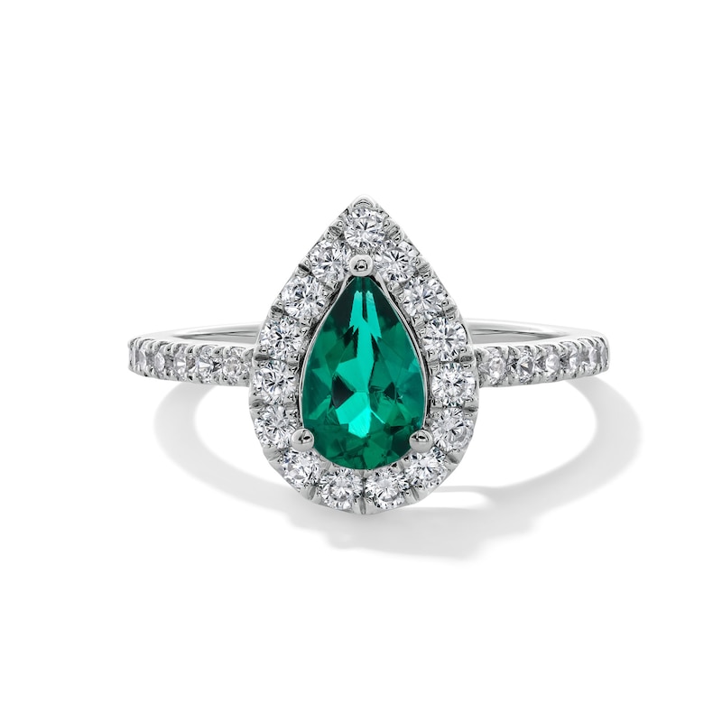 Main Image 1 of Pear-Shaped Lab-Created Emerald and 1/2 CT. T.W. Certified Lab-Created Diamond Frame Ring in 14K White Gold (F/SI2)