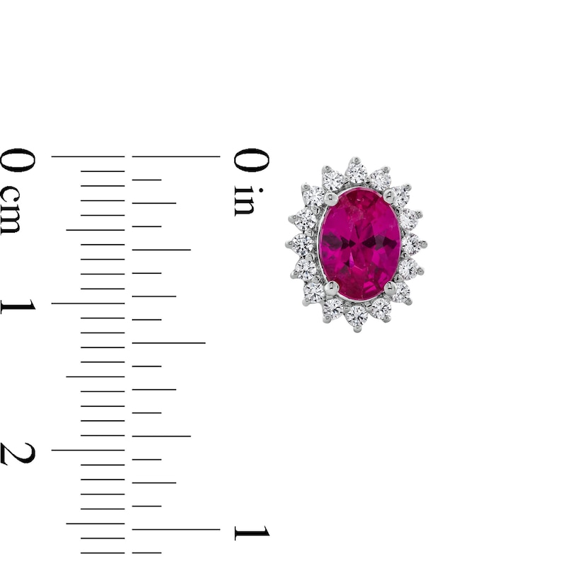 Main Image 3 of Oval Lab-Created Ruby and 1/3 CT. T.W. Certified Lab-Created Diamond Sunburst Frame Stud Earrings in 14K White Gold