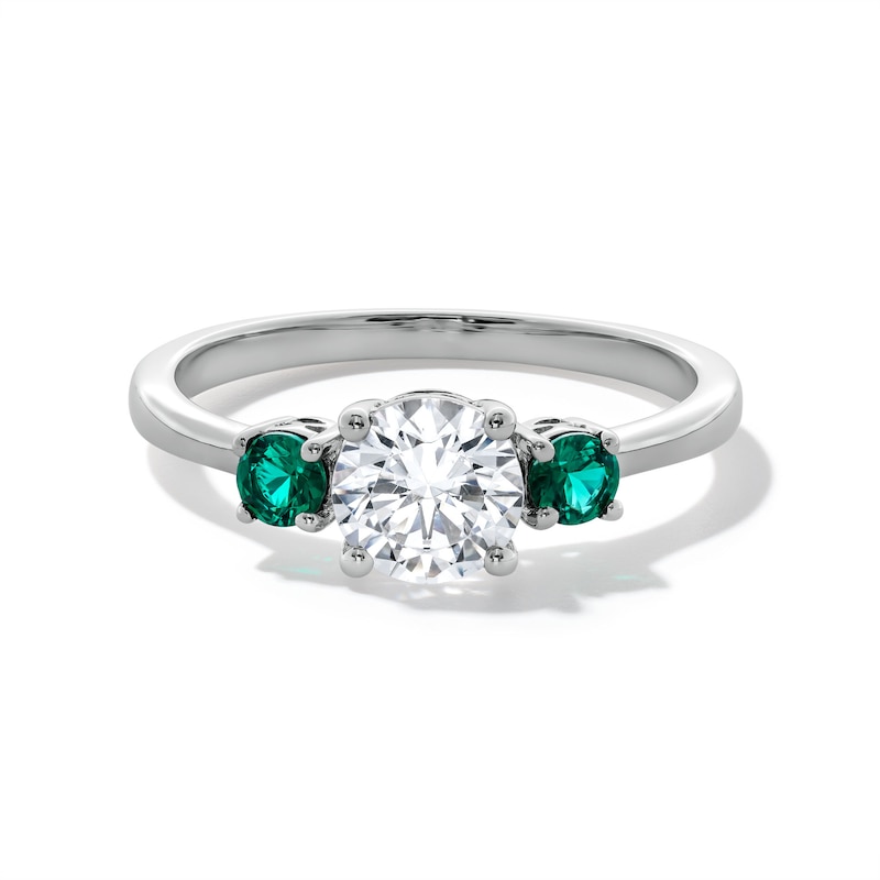 Main Image 1 of Lab-Created Emerald and 3/4 CT. Certified Lab-Created Diamond Three Stone Ring in 14K White Gold (F/VS2)