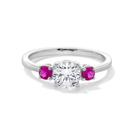 Lab-Created Ruby and 3/4 CT. Certified Lab-Created Diamond Three Stone Ring in 14K White Gold (F/VS2)