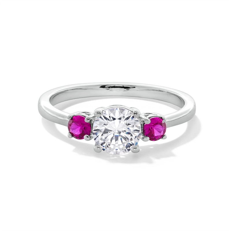 Main Image 1 of Lab-Created Ruby and 3/4 CT. Certified Lab-Created Diamond Three Stone Ring in 14K White Gold (F/VS2)