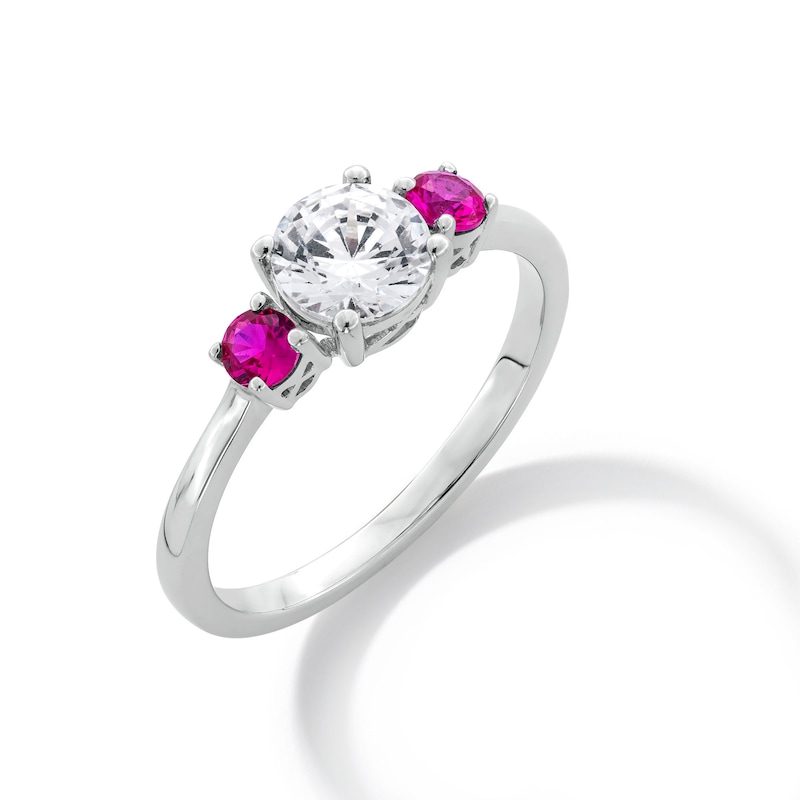 Main Image 3 of Lab-Created Ruby and 3/4 CT. Certified Lab-Created Diamond Three Stone Ring in 14K White Gold (F/VS2)