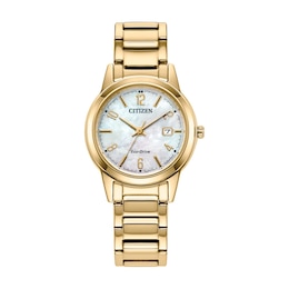 Ladies’ Citizen Eco-Drive® Dress Classic Gold-Tone IP Watch with Mother-of-Pearl Dial (Model: FE1242-78D)