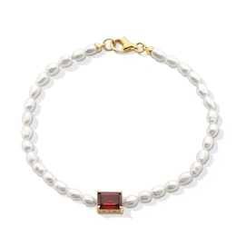 Emerald-Cut Lab-Created Ruby and Freshwater Cultured Pearl Bracelet in Sterling Silver with 18K Gold Plate - 7.25&quot;