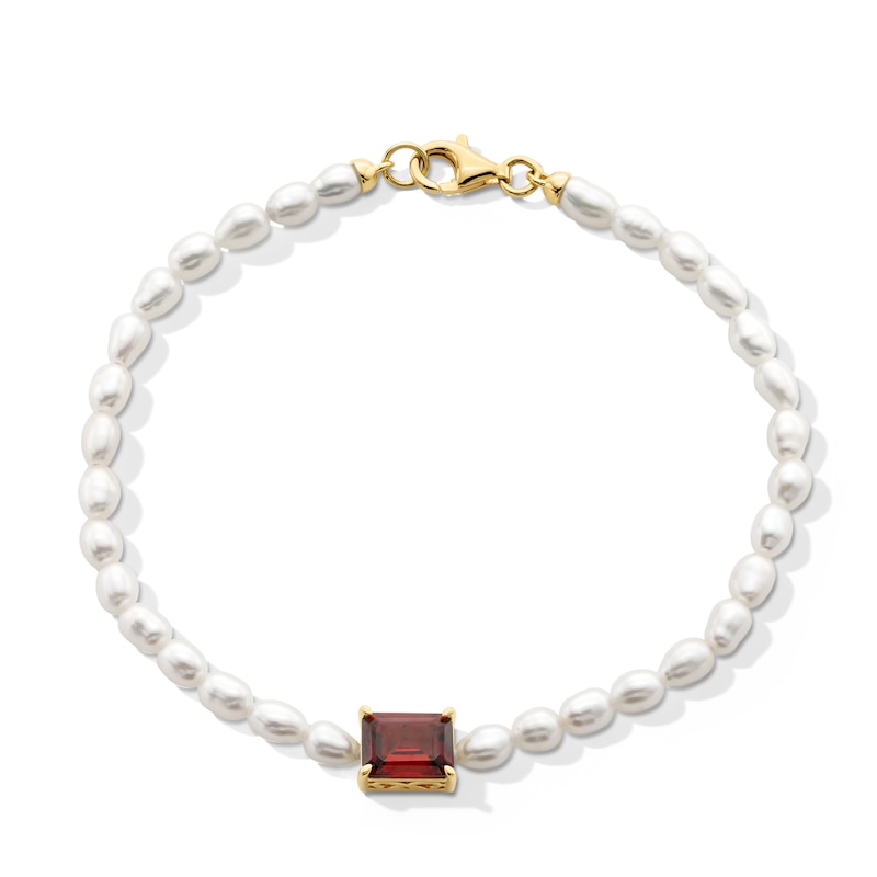 Main Image 1 of Emerald-Cut Lab-Created Ruby and Freshwater Cultured Pearl Bracelet in Sterling Silver with 18K Gold Plate - 7.25&quot;