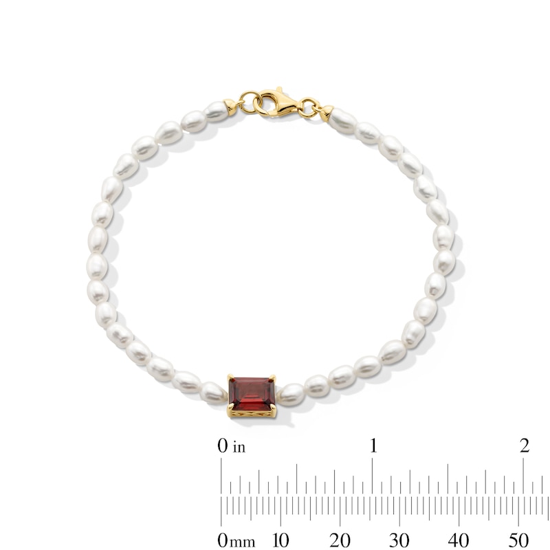 Main Image 2 of Emerald-Cut Lab-Created Ruby and Freshwater Cultured Pearl Bracelet in Sterling Silver with 18K Gold Plate - 7.25&quot;