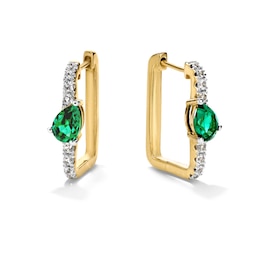 Pear-Shaped Lab-Created Emerald and White Lab-Created Sapphire Square Hoop Earrings in Sterling Silver with Gold Plate