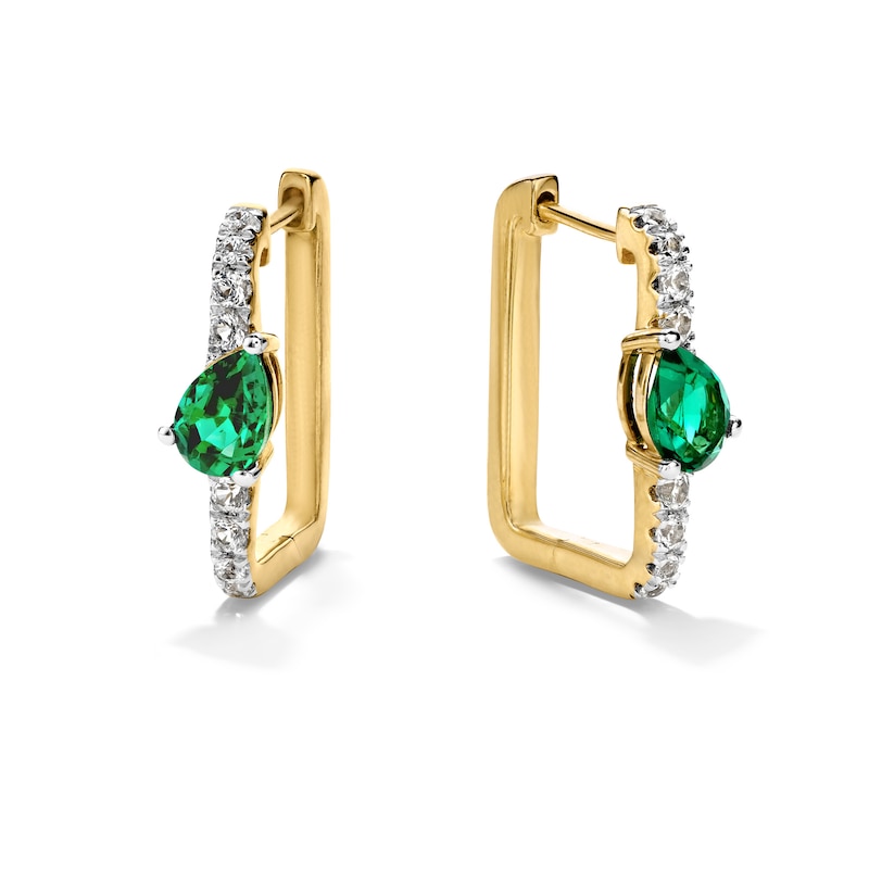 Main Image 1 of Pear-Shaped Lab-Created Emerald and White Lab-Created Sapphire Square Hoop Earrings in Sterling Silver with Gold Plate