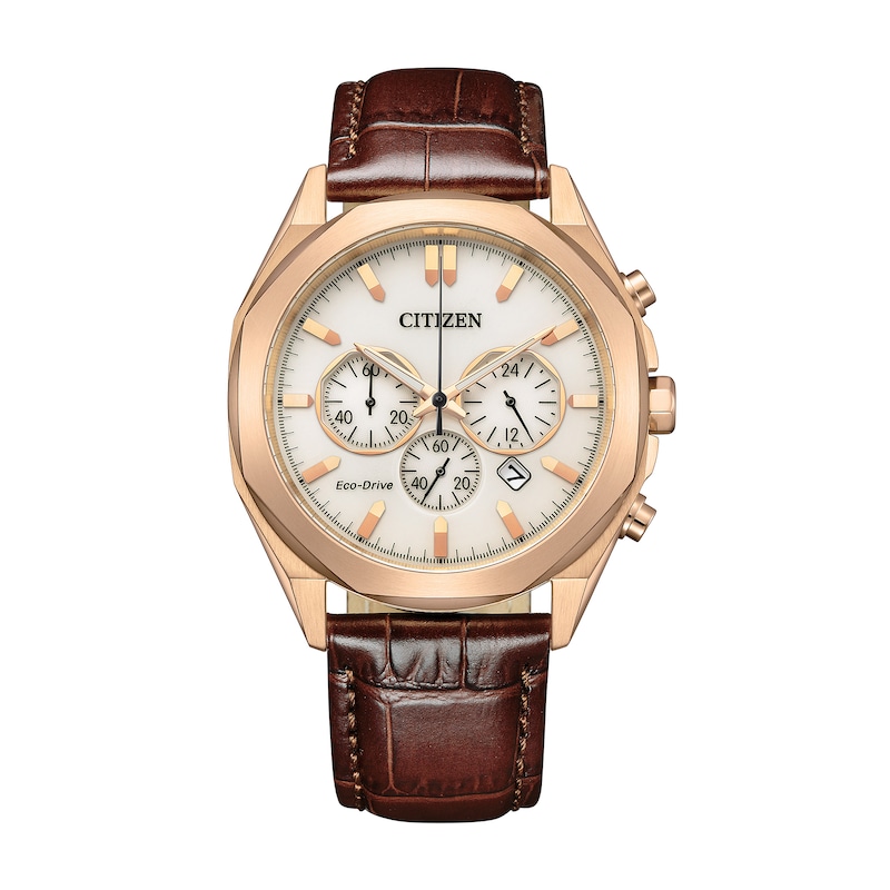 Main Image 1 of Men’s Citizen Eco-Drive® Dress Classic Rose-Tone IP Leather Strap Chronograph Watch with White Dial (Model: CA4593-15A)