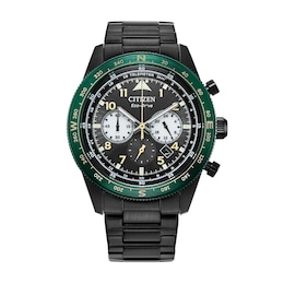 Men’s Citizen Eco-Drive® Casual Sport Black and Green IP Chronograph Watch with Black Dial (Model: CA4555-81E)