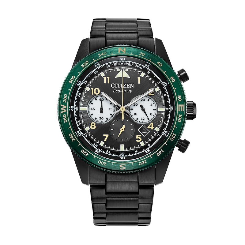 Main Image 1 of Men’s Citizen Eco-Drive® Casual Sport Black and Green IP Chronograph Watch with Black Dial (Model: CA4555-81E)