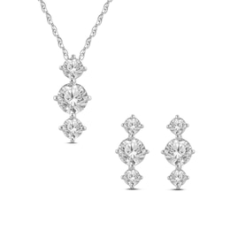 White Lab-Created Sapphire Three Stone Drop Pendant and Earrings Set in Sterling Silver