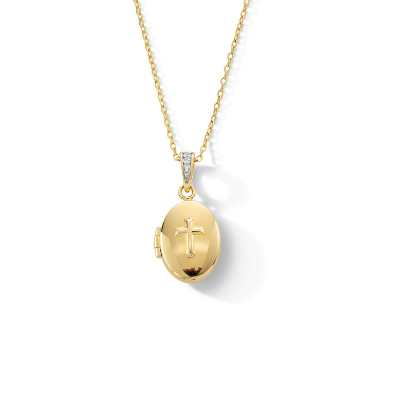 Main Image 1 of Diamond Accent Cross Oval Locket in Sterling Silver with 18K Gold Plate