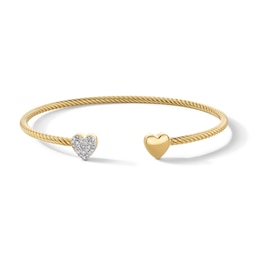 1/10 CT. T.W. Multi-Diamond Double Heart Open Bangle in Sterling Silver with 18K Gold Plate - 7.24"