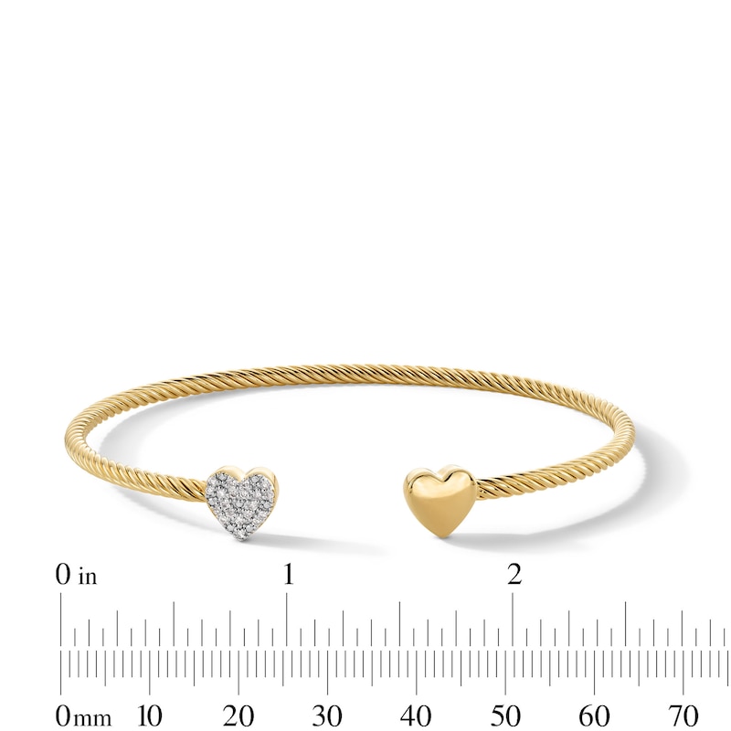 Main Image 3 of 1/10 CT. T.W. Multi-Diamond Double Heart Open Bangle in Sterling Silver with 18K Gold Plate - 7.24&quot;