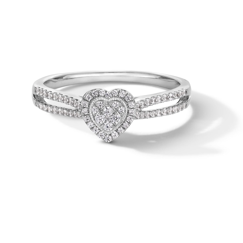 Main Image 1 of 1/4 CT. T.W. Heart-Shaped Multi-Diamond Frame Split Shank Promise Ring in 10K White Gold