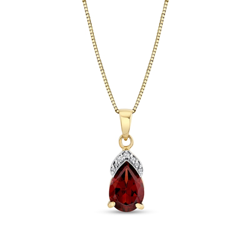 Main Image 1 of Pear-Shaped Garnet and 1/20 CT. T.W. Diamond Drop Pendant in 14K Gold