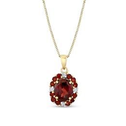 Oval and Round Garnet with 1/8 CT. T.W. Diamond Scallop Frame Pendant in 10K Gold