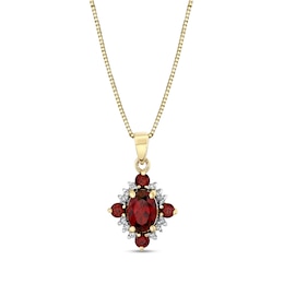 Oval and Round Garnet with 1/10 CT. T.W. Diamond Art Deco Frame Pendant in 10K Gold