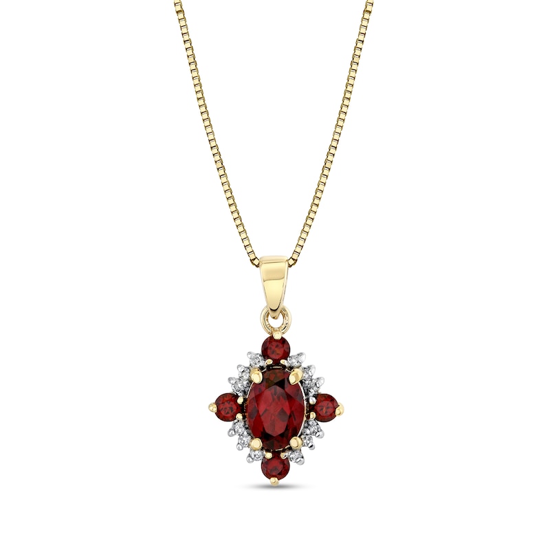 Main Image 1 of Oval and Round Garnet with 1/10 CT. T.W. Diamond Art Deco Frame Pendant in 10K Gold