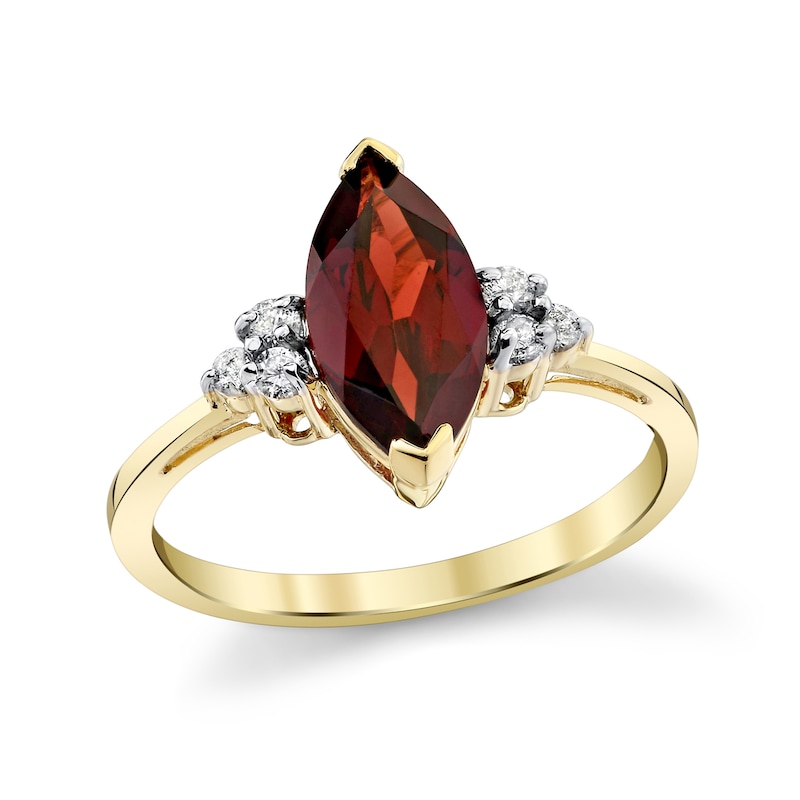 Main Image 1 of Marquise-Cut Garnet and 1/6 CT. T.W. Diamond Tri-Sides Ring in 14K Gold