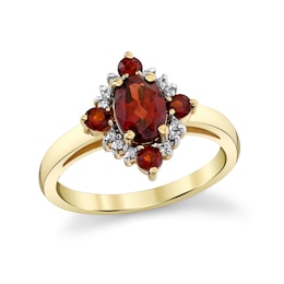 Oval and Round Garnet with 1/10 CT. T.W. Diamond Art Deco Frame Ring in 10K Gold