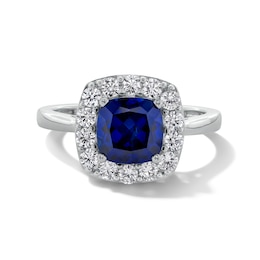 Cushion-Cut Blue Lab-Created Sapphire and 1/2 CT. T.W. Certified Lab-Created Diamond Frame Ring in 14K White Gold