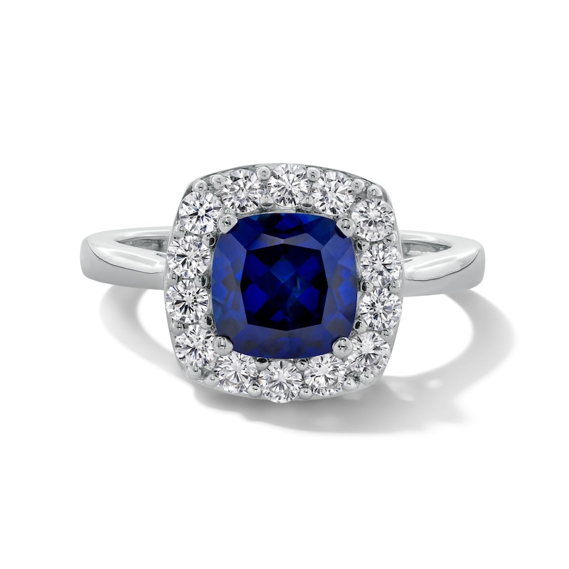 Main Image 1 of Cushion-Cut Blue Lab-Created Sapphire and 1/2 CT. T.W. Certified Lab-Created Diamond Frame Ring in 14K White Gold