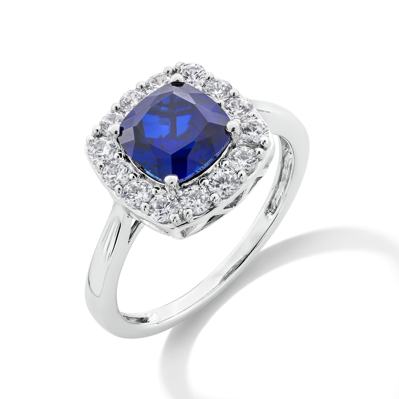 Main Image 2 of Cushion-Cut Blue Lab-Created Sapphire and 1/2 CT. T.W. Certified Lab-Created Diamond Frame Ring in 14K White Gold