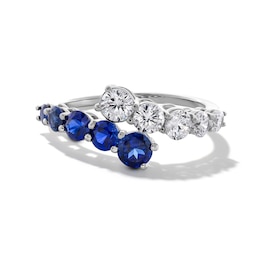 Blue Lab-Created Sapphire and 3/4 CT. T.W. Certified Lab-Created Diamond Graduated Bypass Ring in 14K White Gold