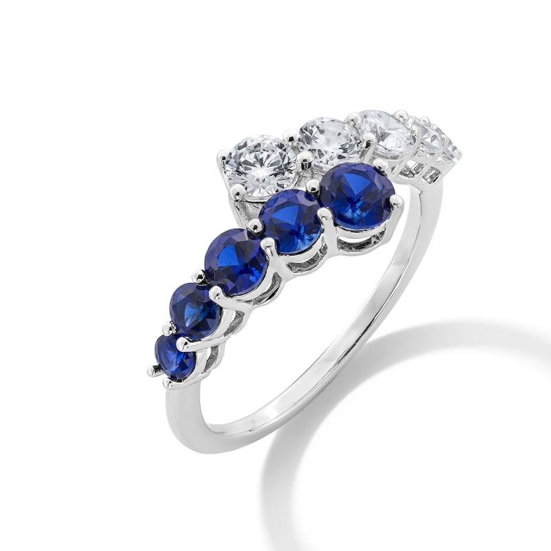 Main Image 2 of Blue Lab-Created Sapphire and 3/4 CT. T.W. Certified Lab-Created Diamond Graduated Bypass Ring in 14K White Gold