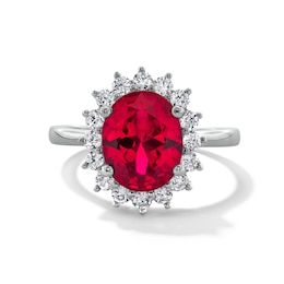 Oval Lab-Created Ruby and 1/2 CT. T.W. Certified Lab-Created Diamond Sunburst Frame Ring in 14K White Gold (F/SI2)