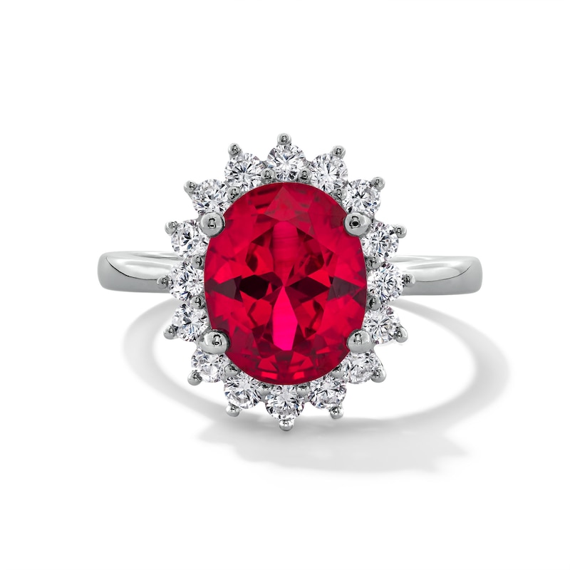 Main Image 1 of Oval Lab-Created Ruby and 1/2 CT. T.W. Certified Lab-Created Diamond Sunburst Frame Ring in 14K White Gold (F/SI2)