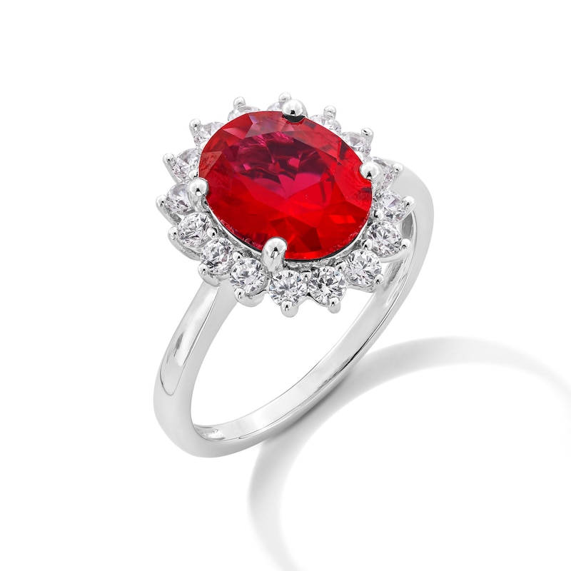 Main Image 3 of Oval Lab-Created Ruby and 1/2 CT. T.W. Certified Lab-Created Diamond Sunburst Frame Ring in 14K White Gold (F/SI2)