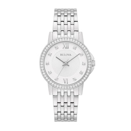 Ladies’ Bulova Crystal Accent Bezel Watch with Textured White Dial (Model: 96L297)