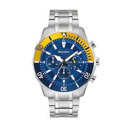 Men’s Bulova Classic Chronograph Watch with Navy Blue Dial and Yellow Accent (Model: 98A245)