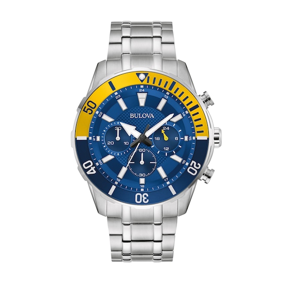 Menâs Bulova Classic Chronograph Watch With Navy Blue Dial And Yellow Accent (Model: 98A245)