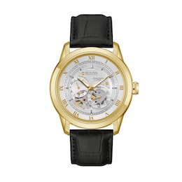 Men’s Bulova Classic Sutton Gold-Tone IP Black Leather Strap Watch with Silver-Tone Skeleton Dial (Model: 97A187)