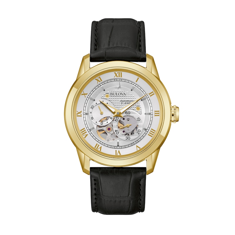 Main Image 1 of Men’s Bulova Classic Sutton Gold-Tone IP Black Leather Strap Watch with Silver-Tone Skeleton Dial (Model: 97A187)