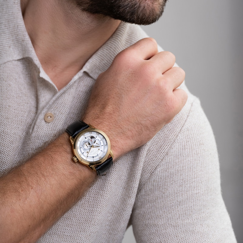 Main Image 4 of Men’s Bulova Classic Sutton Gold-Tone IP Black Leather Strap Watch with Silver-Tone Skeleton Dial (Model: 97A187)