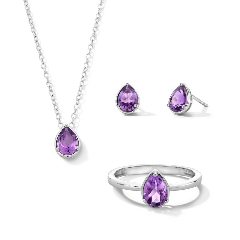 Main Image 1 of Pear-Shaped Amethyst Solitaire Pendant, Ring and Stud Earrings Set in Sterling Silver - Size 7