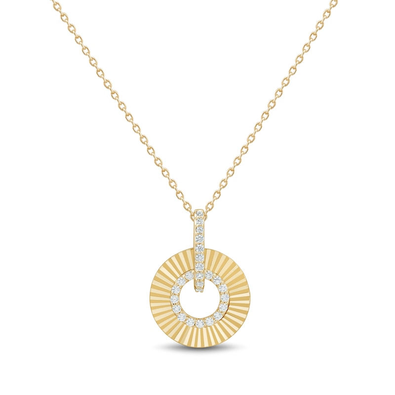 Main Image 1 of 1/8 CT. T.W. Diamond Sunburst Circle Drop Pendant in Sterling Silver with 14K Gold Plate