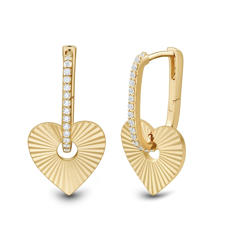 Main Image 1 of 1/6 CT. T.W. Diamond Sunburst Heart Drop Hoop Earrings in Sterling Silver with 14K Gold Plate