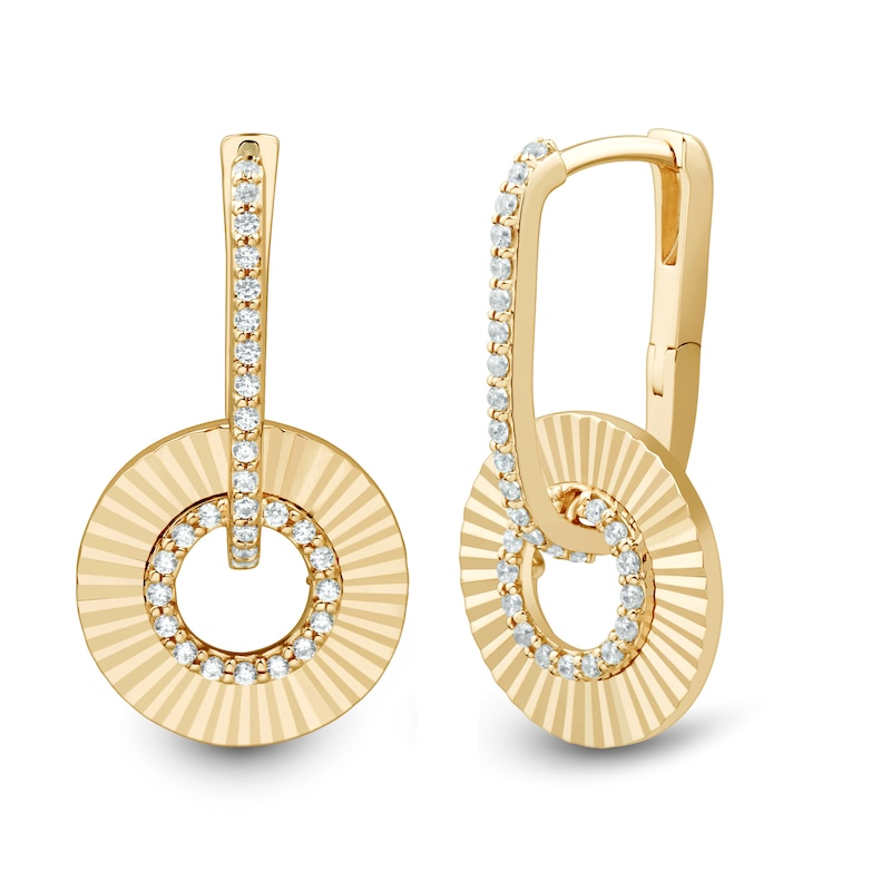 Main Image 1 of 1/4 CT. T.W. Diamond Sunburst Circle Drop Hoop Earrings in Sterling Silver with 14K Gold Plate