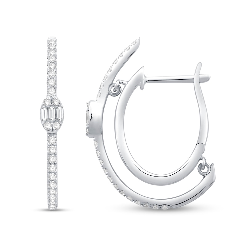 Main Image 1 of 1/2 CT. T.W. Baguette-Cut and Round Diamond Double Hoop Earrings in 10K White Gold