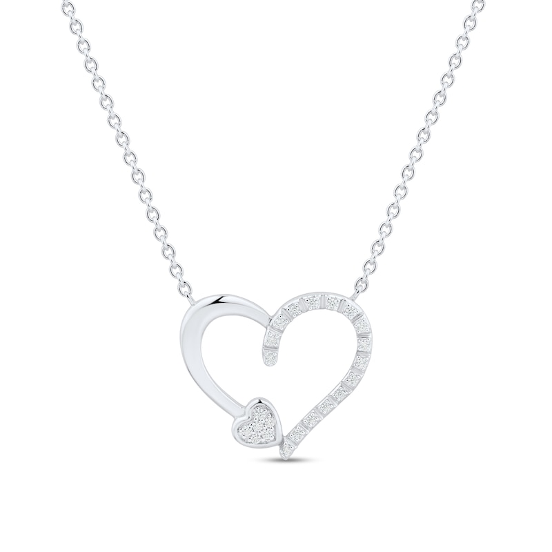 Main Image 1 of 1/10 CT. T.W. Multi-Diamond Heart-on-Heart Necklace in Sterling Silver - 17”