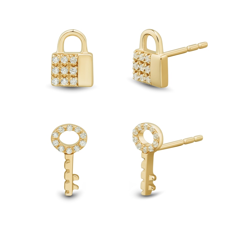 Main Image 2 of 1/15 CT. T.W. Diamond Lock and Key Mismatch Stud Earrings in 10K Gold